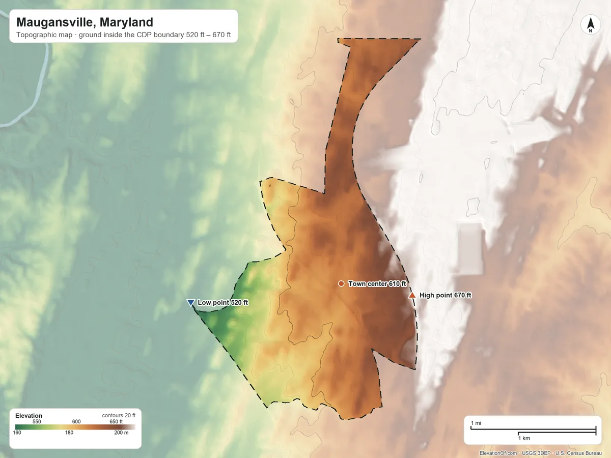 Topographic elevation map of Maugansville, Maryland, shaded from 520 ft on the west side to 670 ft on the east side