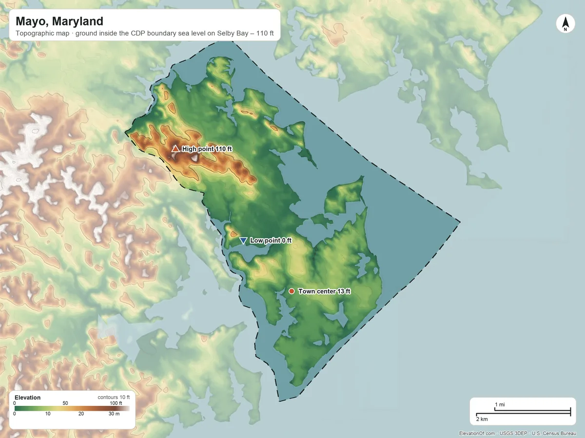 Topographic elevation map of Mayo, Maryland, shaded from sea level level on Selby Bay to 110 ft on the northwest side