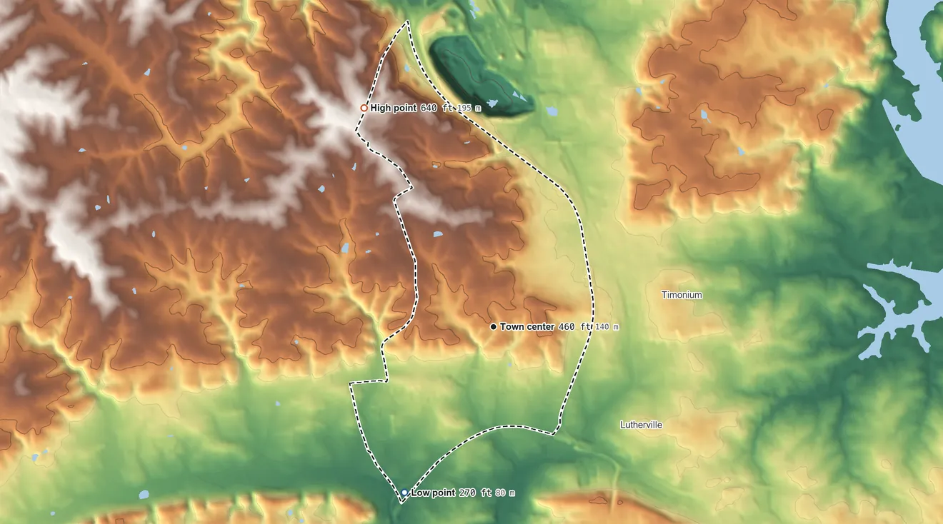 Topographic elevation map of Mays Chapel, Maryland, shaded from 270 ft on the southwest side to 640 ft on the northwest side