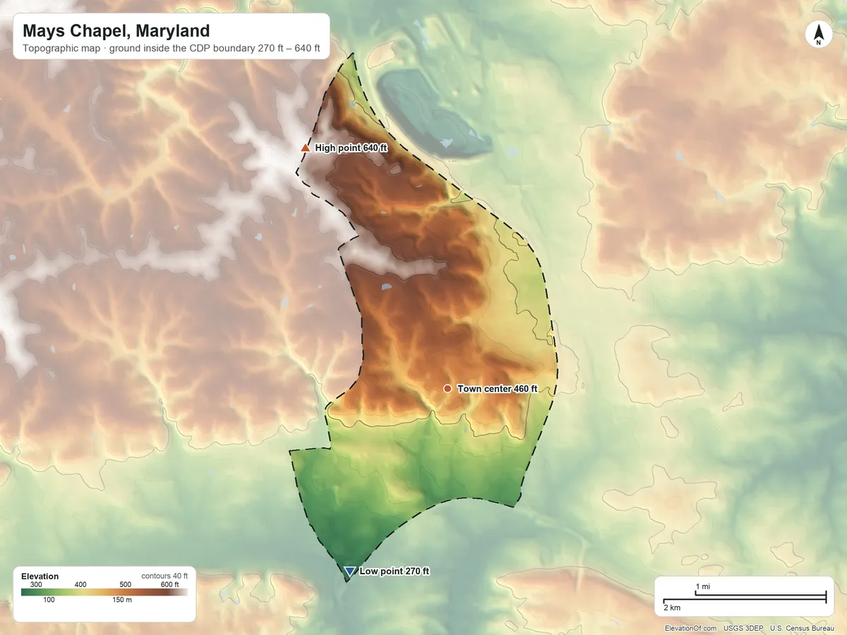 Topographic elevation map of Mays Chapel, Maryland, shaded from 270 ft on the southwest side to 640 ft on the northwest side