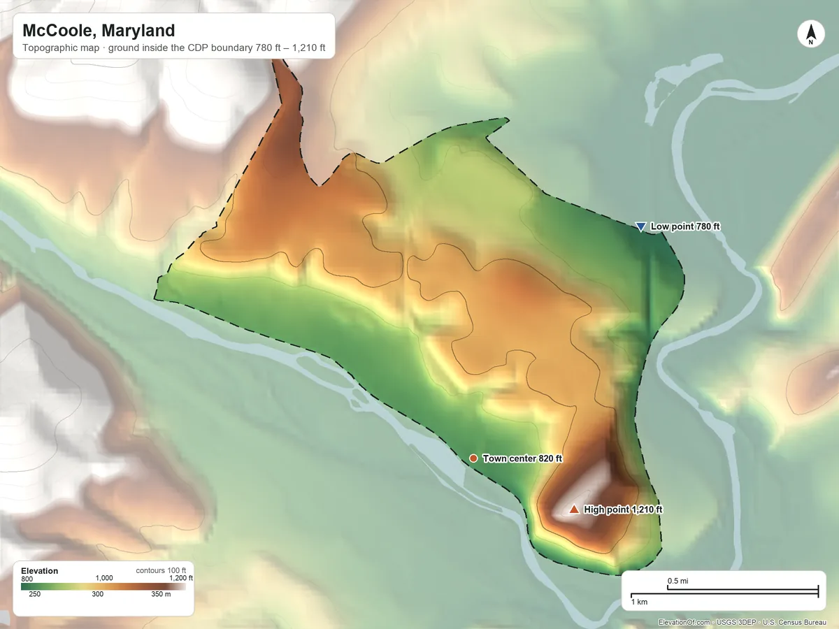 Topographic elevation map of McCoole, Maryland, shaded from 780 ft on the northeast side to 1,210 ft on the southeast edge, below higher ground just outside