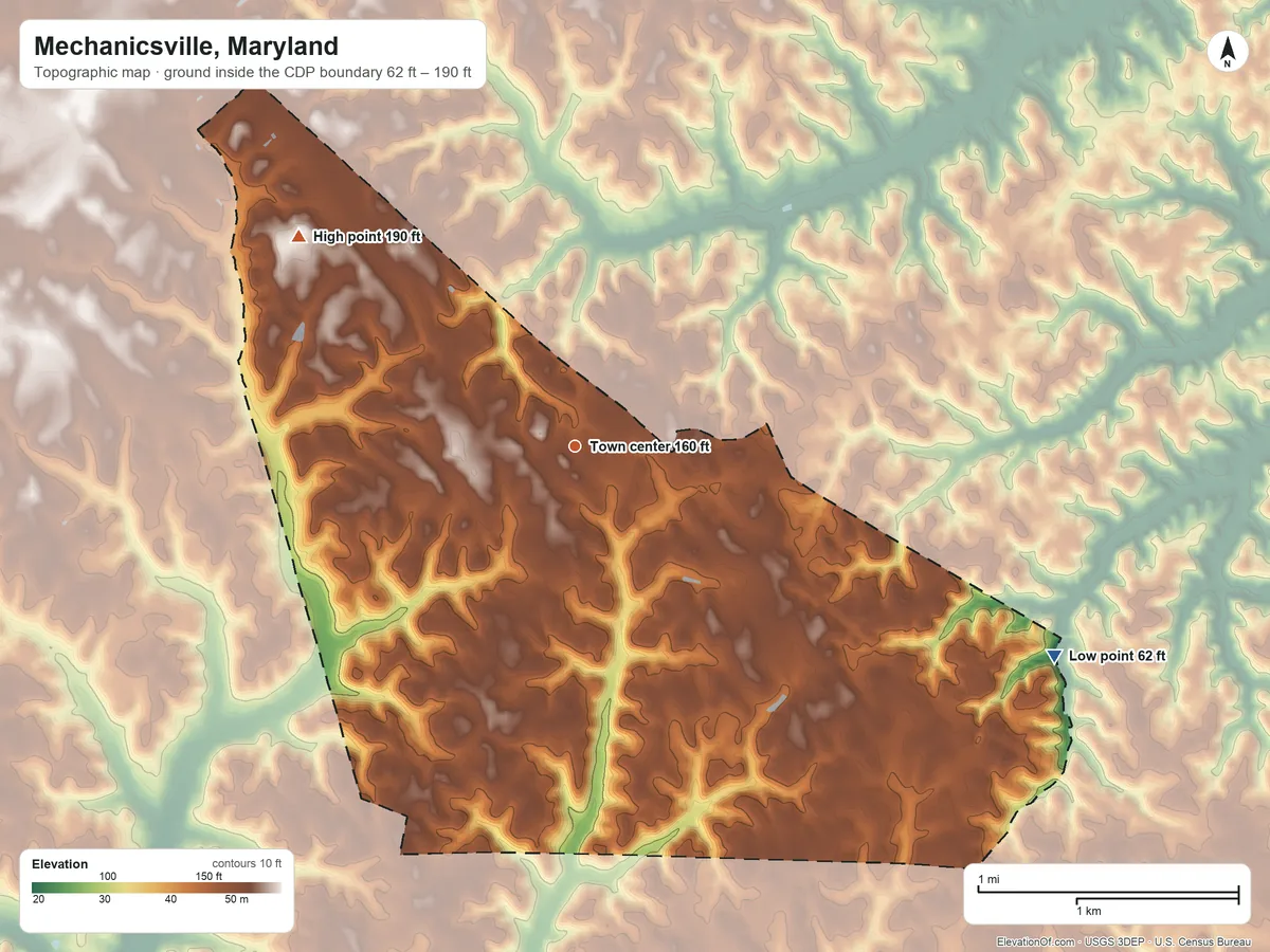Topographic elevation map of Mechanicsville, Maryland, shaded from 62 ft on the southeast side to 190 ft on the northwest side