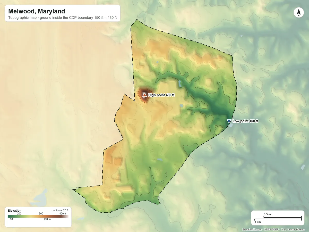 Topographic elevation map of Melwood, Maryland, shaded from 150 ft on the east side to 430 ft near the middle