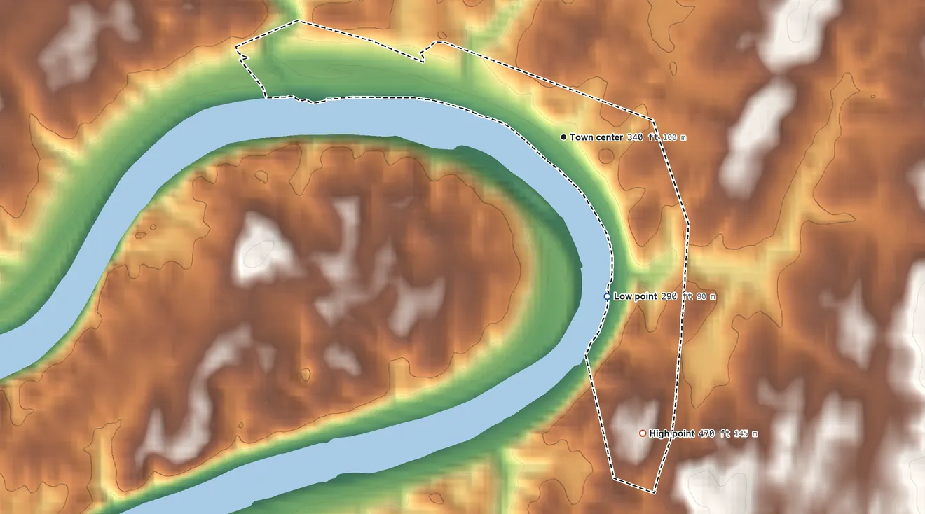 Topographic elevation map of Mercersville, Maryland, shaded from 290 ft on the south side to 470 ft on the south side