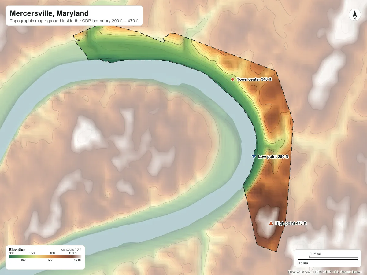 Topographic elevation map of Mercersville, Maryland, shaded from 290 ft on the south side to 470 ft on the south side