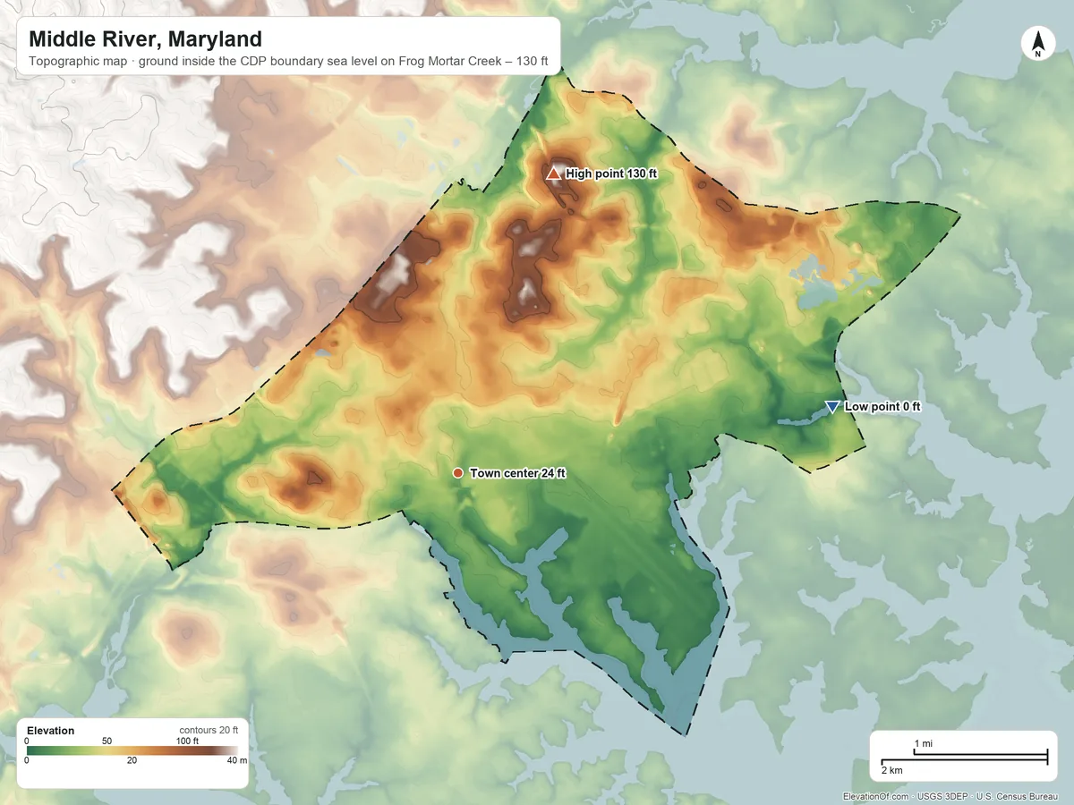 Topographic elevation map of Middle River, Maryland, shaded from sea level level on Frog Mortar Creek to 130 ft on the north side