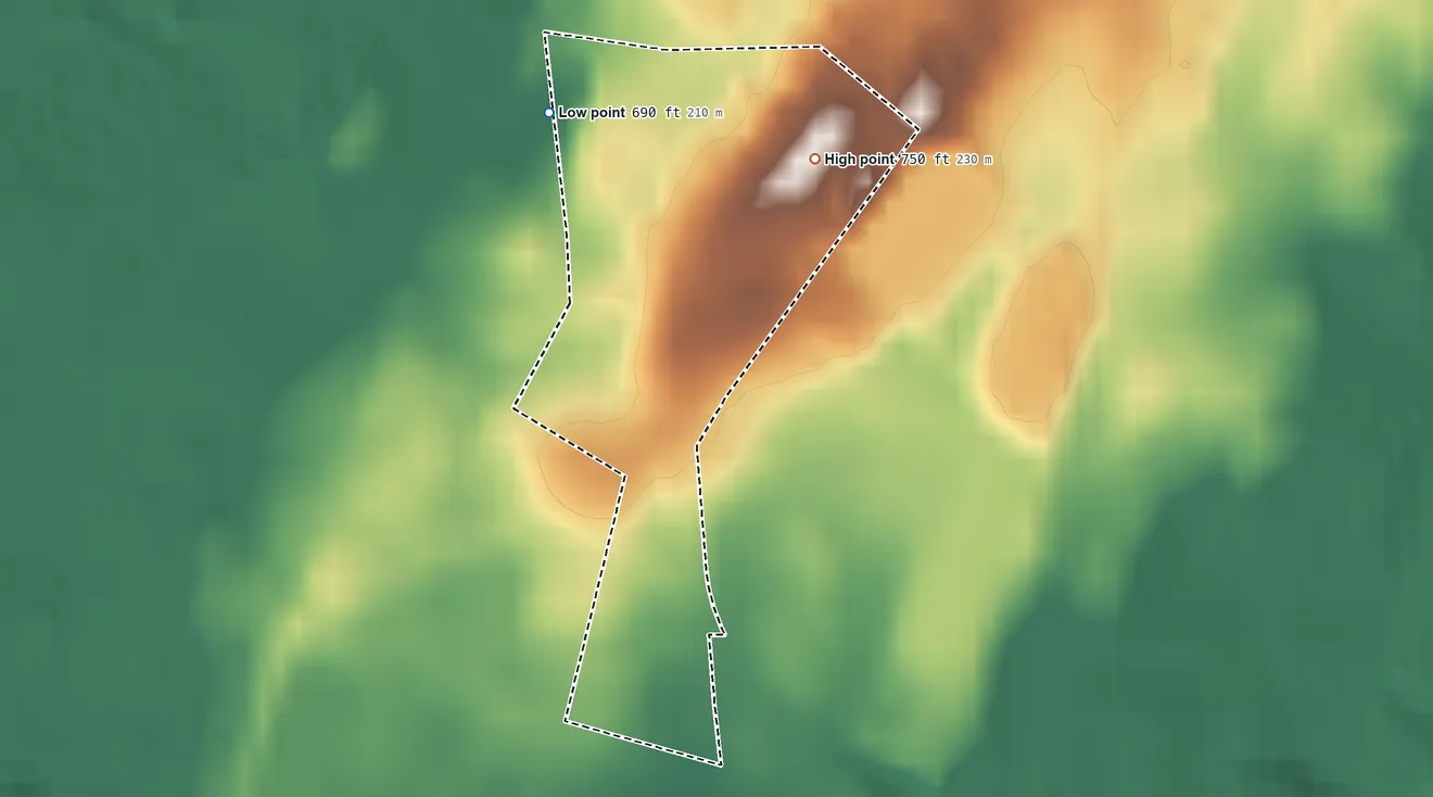 Topographic elevation map of Middleburg, Maryland, shaded from 690 ft on the west side to 750 ft near the middle