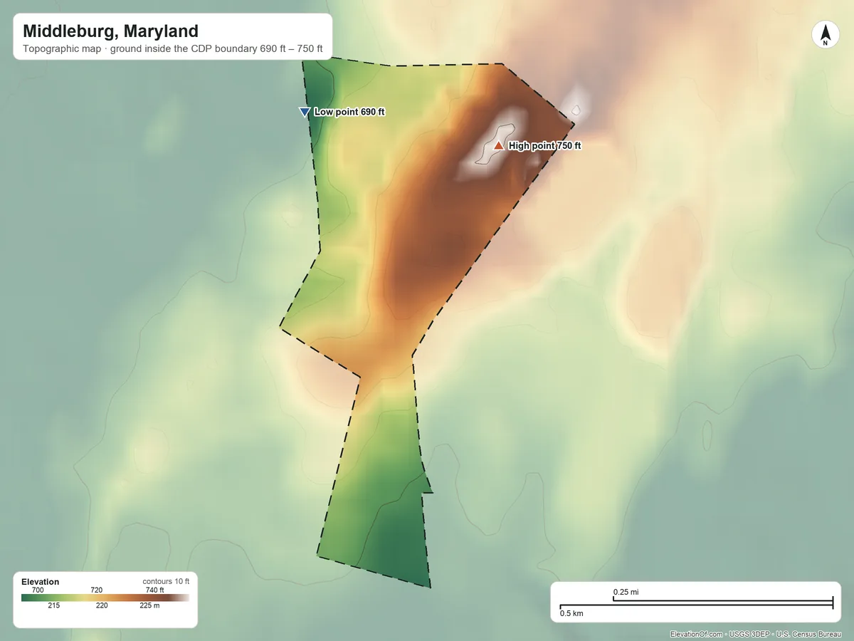 Topographic elevation map of Middleburg, Maryland, shaded from 690 ft on the west side to 750 ft near the middle