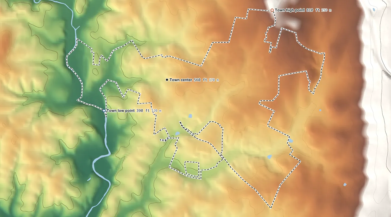 Topographic elevation map of Middletown, Maryland, shaded from 390 ft on the southwest side to 810 ft on the northeast edge, below higher ground just outside