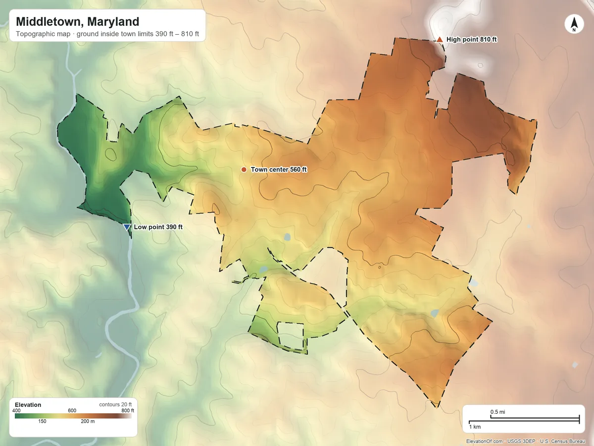 Topographic elevation map of Middletown, Maryland, shaded from 390 ft on the southwest side to 810 ft on the northeast edge, below higher ground just outside