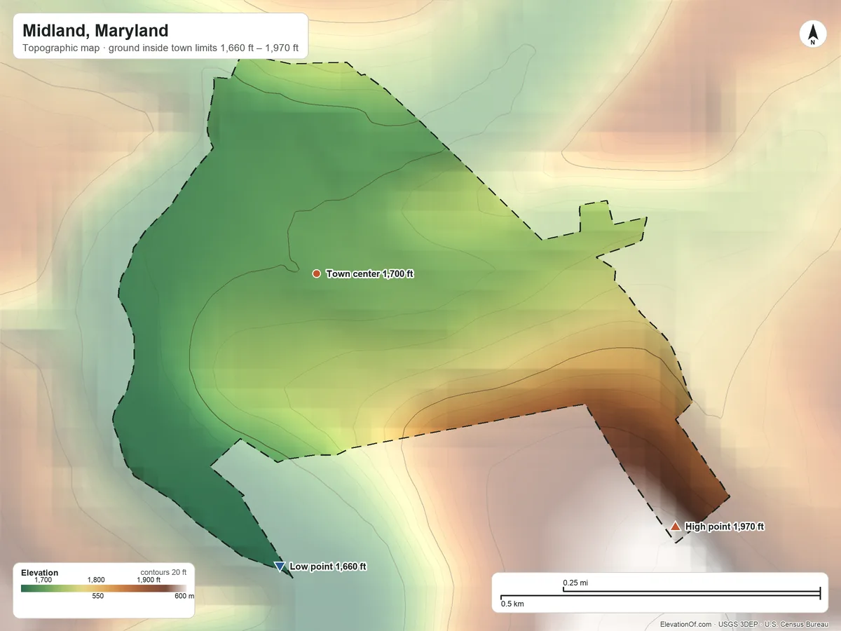 Topographic elevation map of Midland, Maryland, shaded from 1,660 ft on the south side to 1,970 ft on the southeast edge, below higher ground just outside