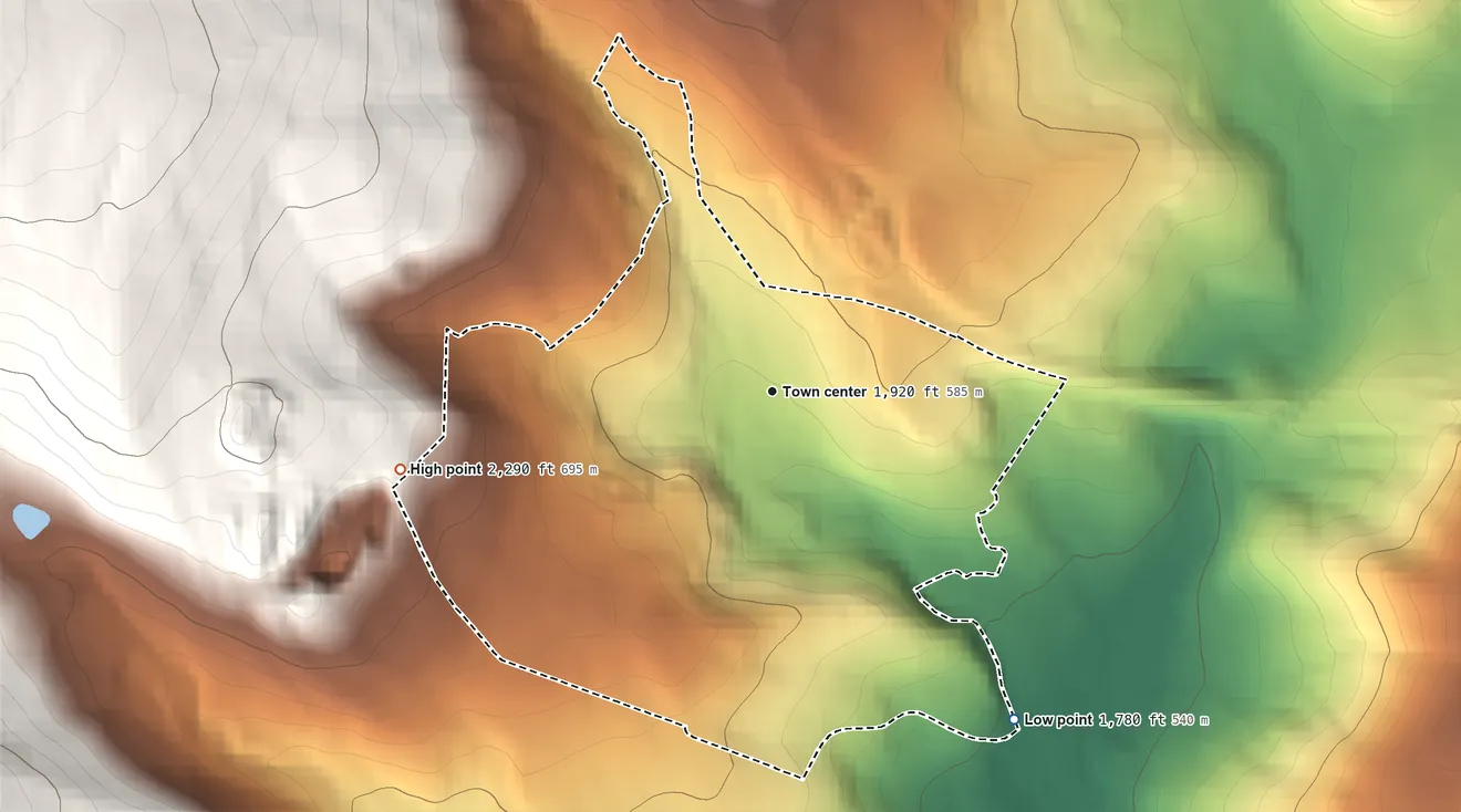 Topographic elevation map of Midlothian, Maryland, shaded from 1,780 ft on the southeast side to 2,290 ft on the west edge, below higher ground just outside