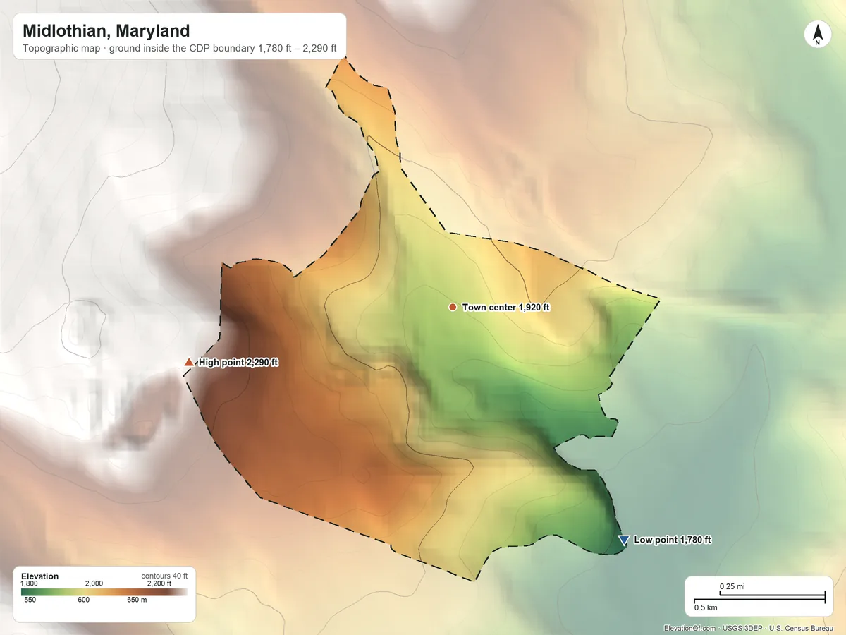 Topographic elevation map of Midlothian, Maryland, shaded from 1,780 ft on the southeast side to 2,290 ft on the west edge, below higher ground just outside