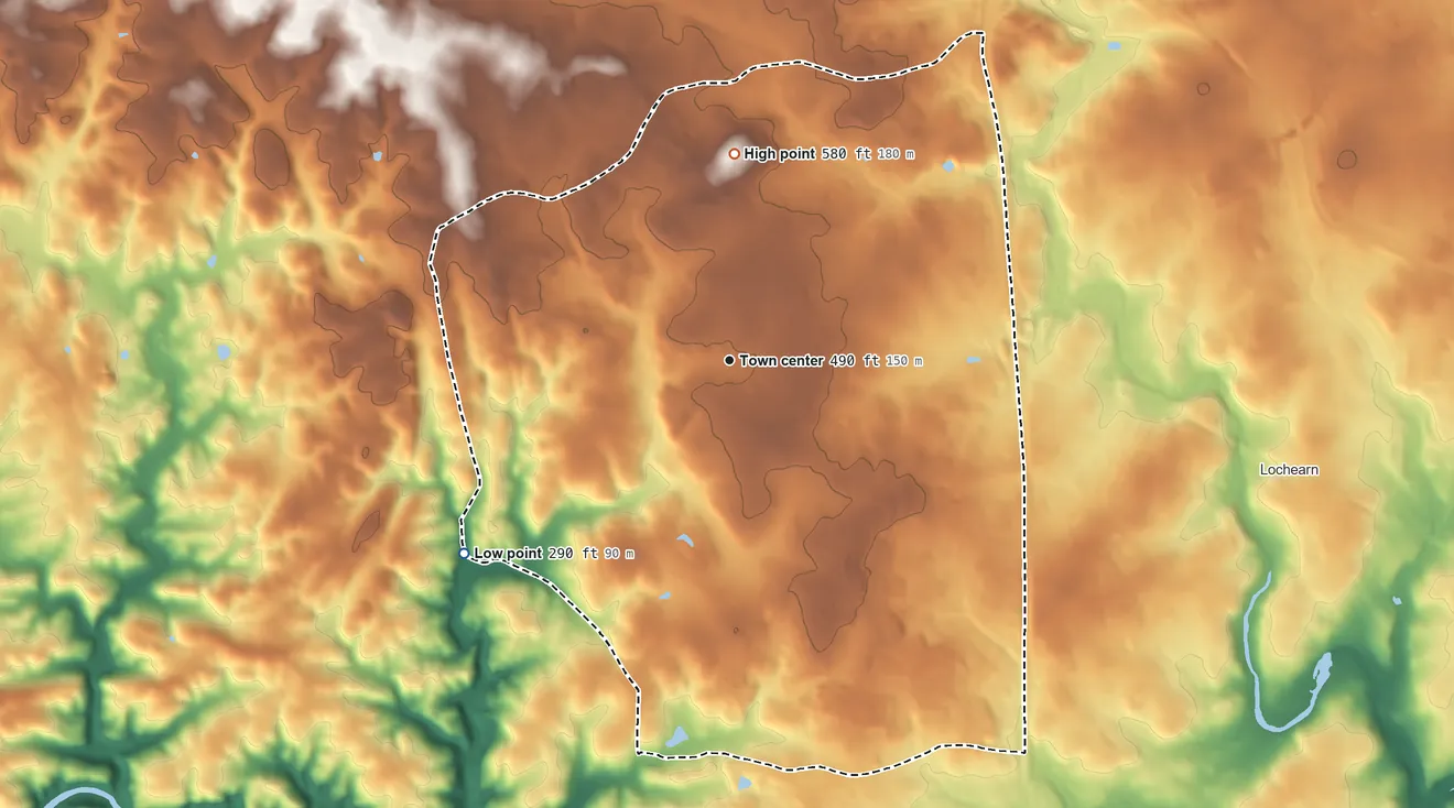 Topographic elevation map of Milford Mill, Maryland, shaded from 290 ft on the southwest side to 580 ft on the north side