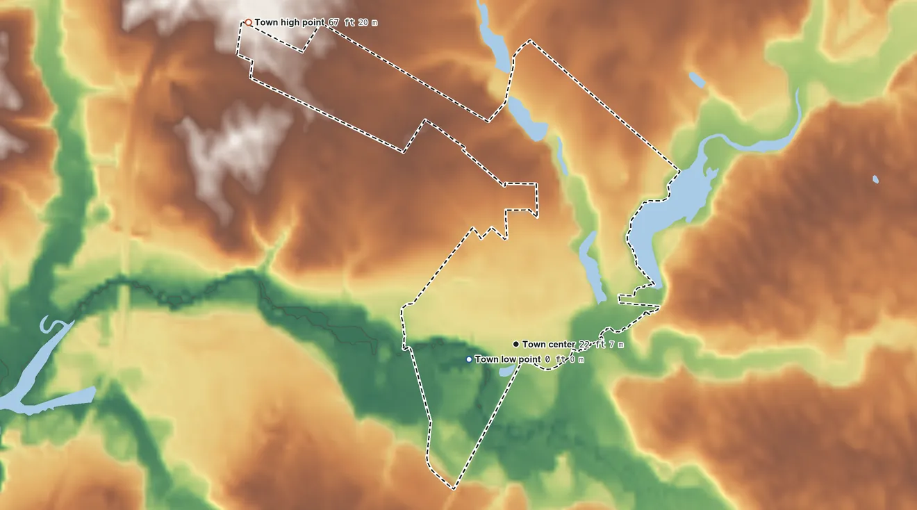 Topographic elevation map of Millington, Maryland, shaded from 0 ft near the middle to 67 ft on the northwest side
