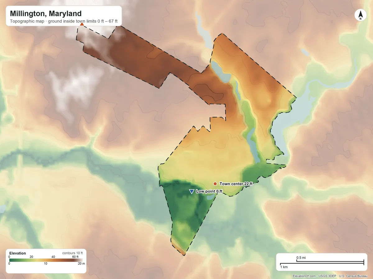 Topographic elevation map of Millington, Maryland, shaded from 0 ft near the middle to 67 ft on the northwest side