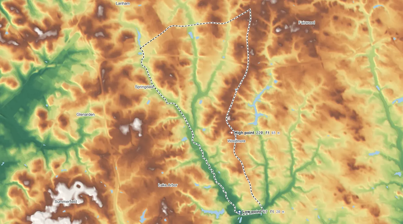 Topographic elevation map of Mitchellville, Maryland, shaded from 67 ft on the south side to 220 ft on the south side