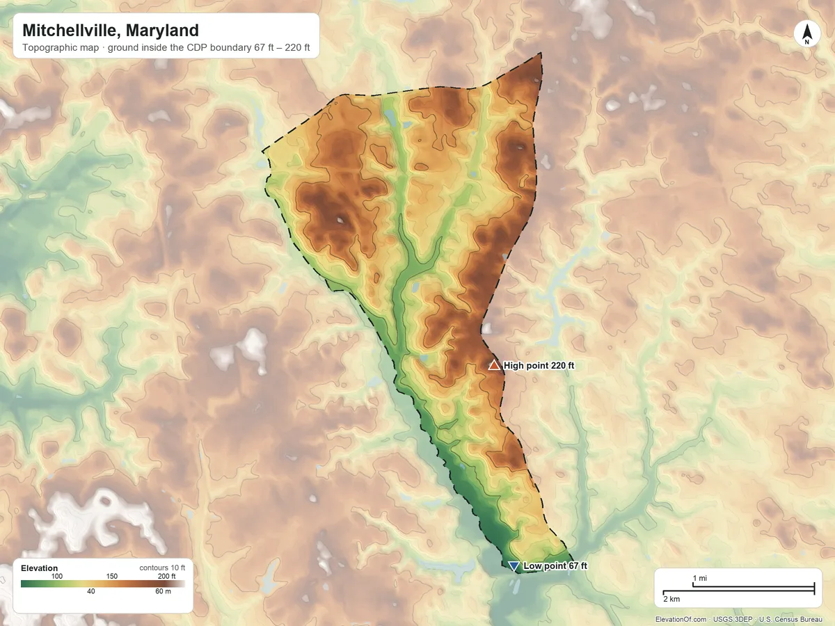 Topographic elevation map of Mitchellville, Maryland, shaded from 67 ft on the south side to 220 ft on the south side