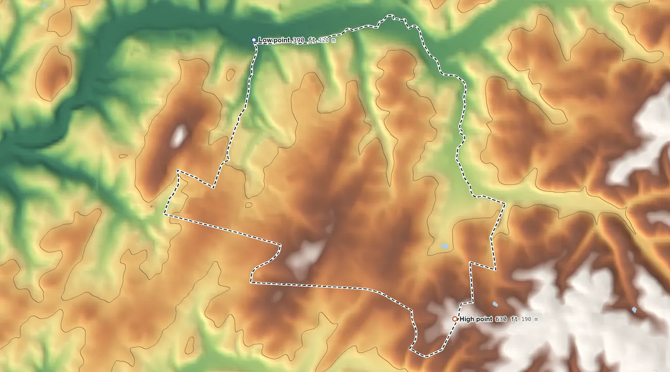 Topographic elevation map of Monrovia, Maryland, shaded from 390 ft on the north side to 630 ft on the southeast side
