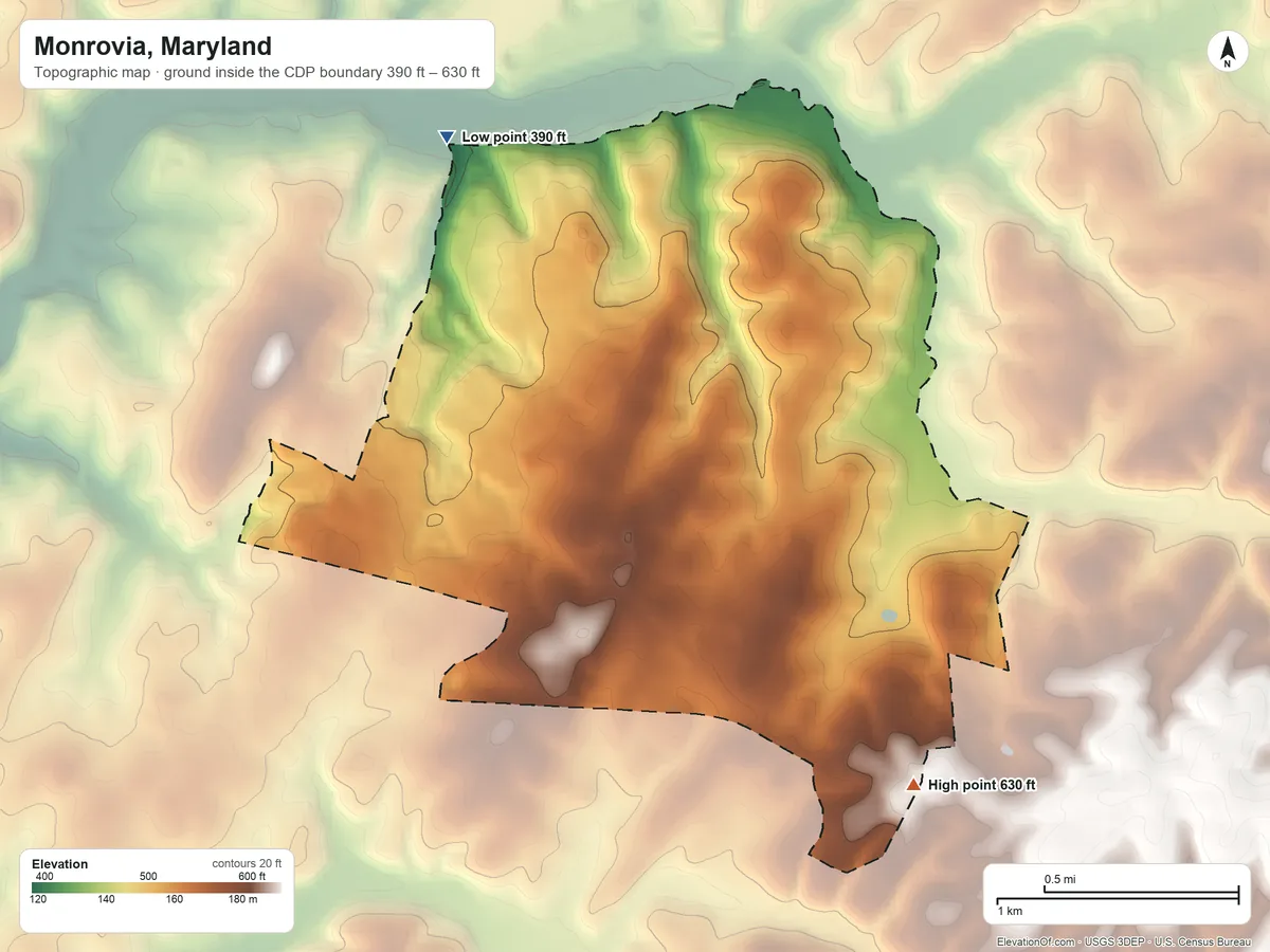 Topographic elevation map of Monrovia, Maryland, shaded from 390 ft on the north side to 630 ft on the southeast side