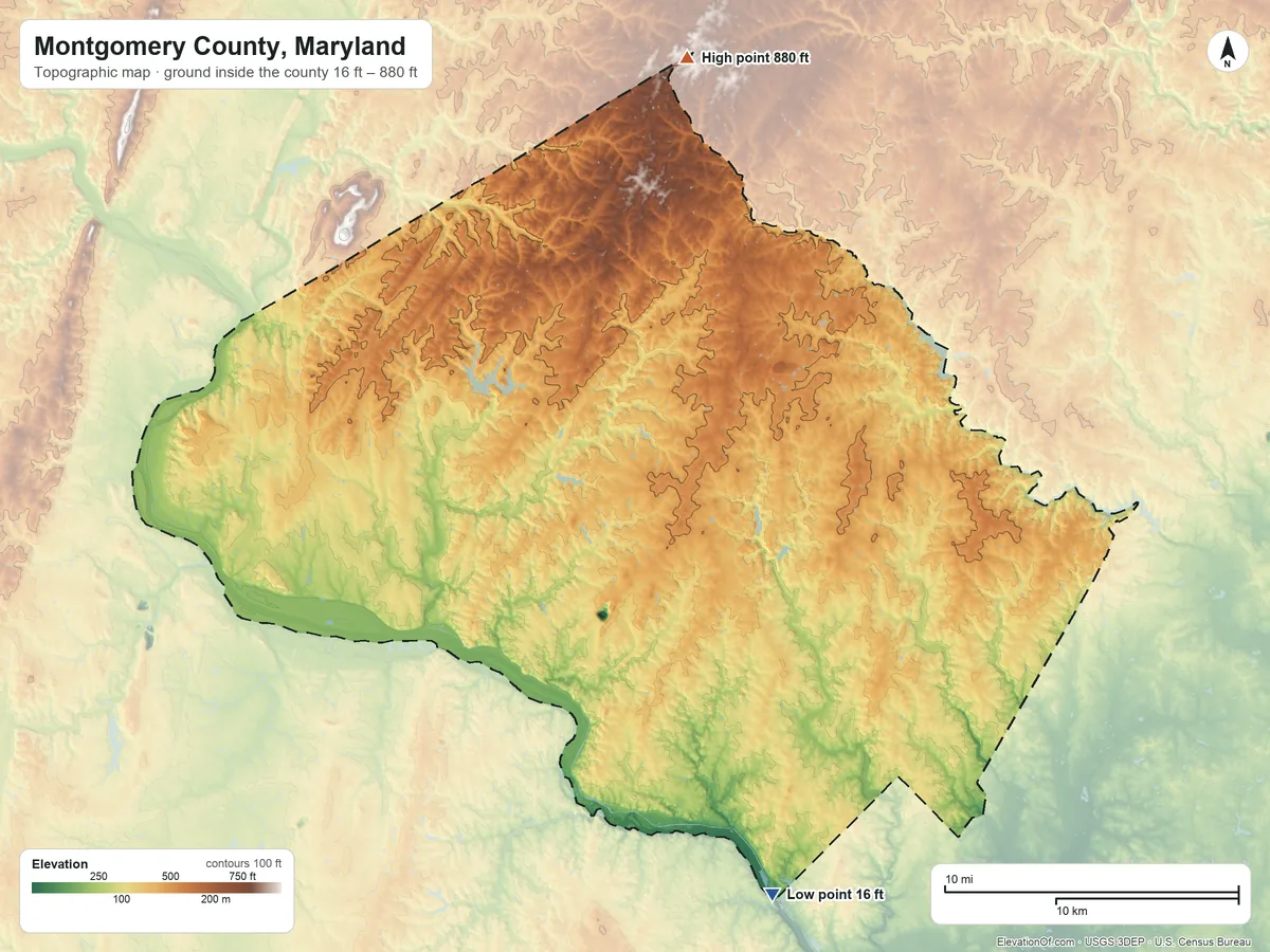 Topographic elevation map of Montgomery County, Maryland, shaded from 16 ft on the south side to 880 ft on the north side