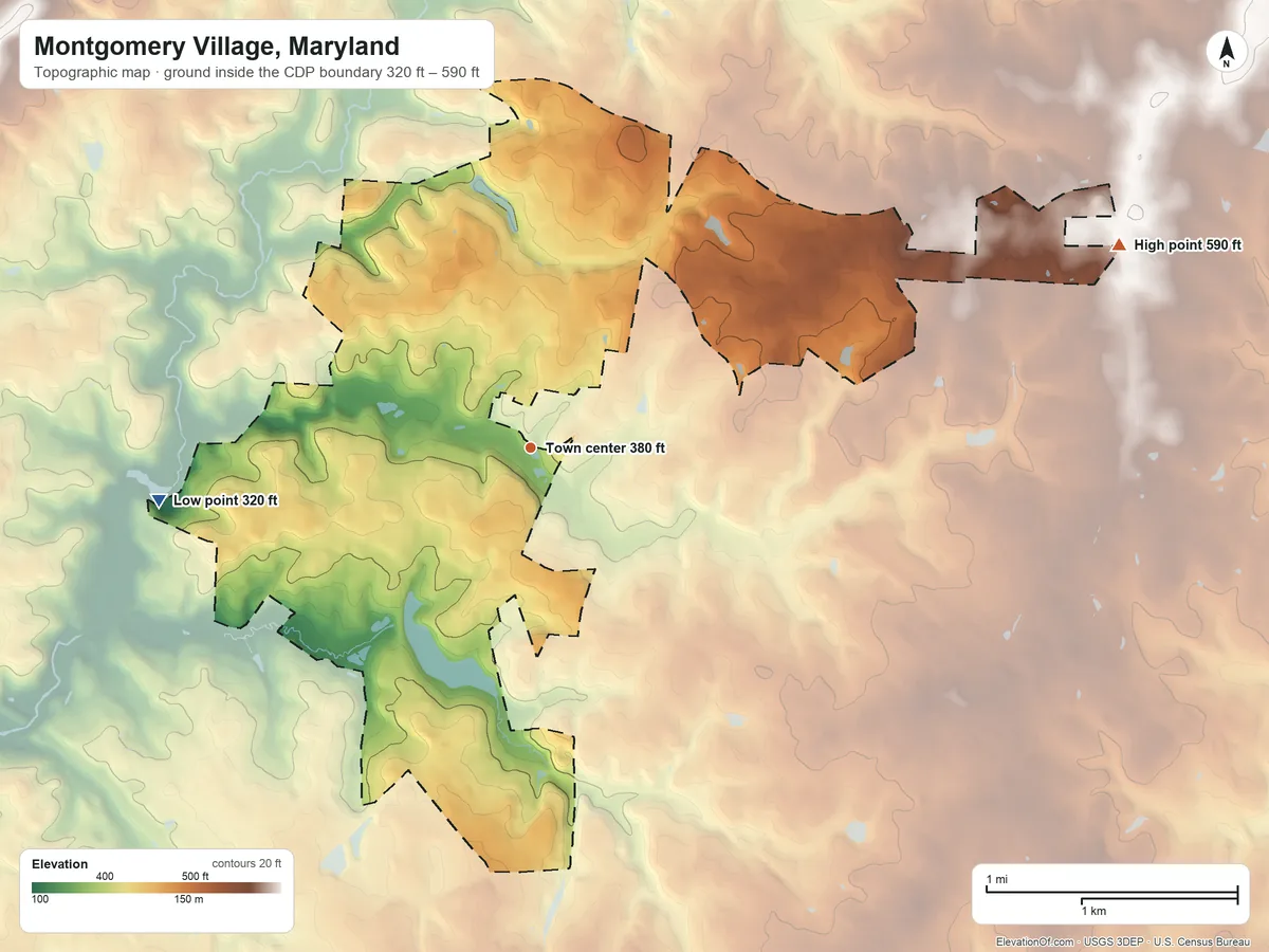 Topographic elevation map of Montgomery Village, Maryland, shaded from 320 ft on the west side to 590 ft on the east side