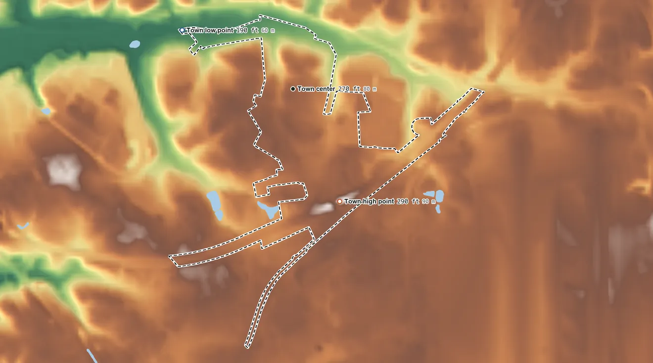 Topographic elevation map of Morningside, Maryland, shaded from 190 ft on the northwest side to 290 ft on the southeast side