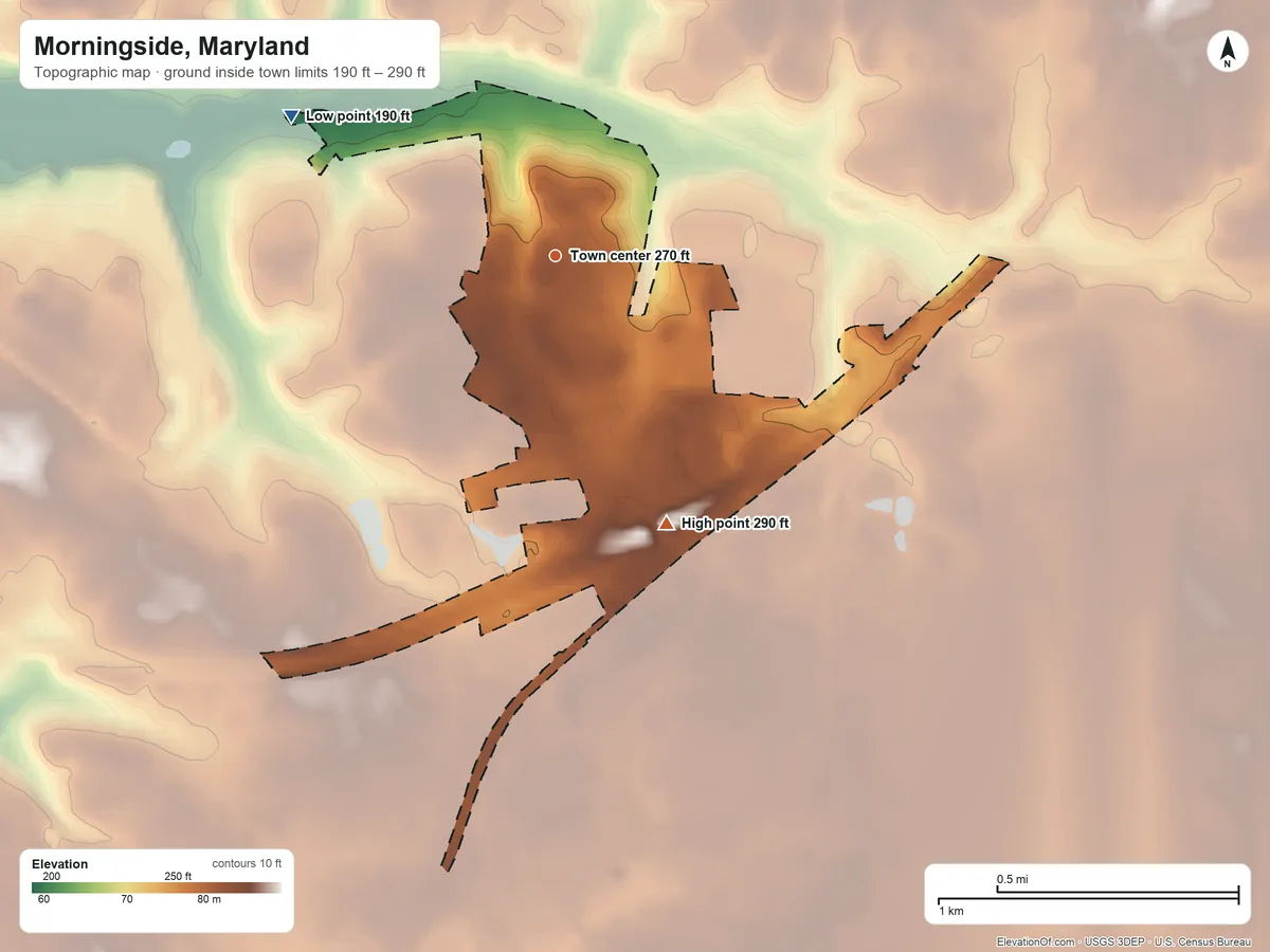 Topographic elevation map of Morningside, Maryland, shaded from 190 ft on the northwest side to 290 ft on the southeast side