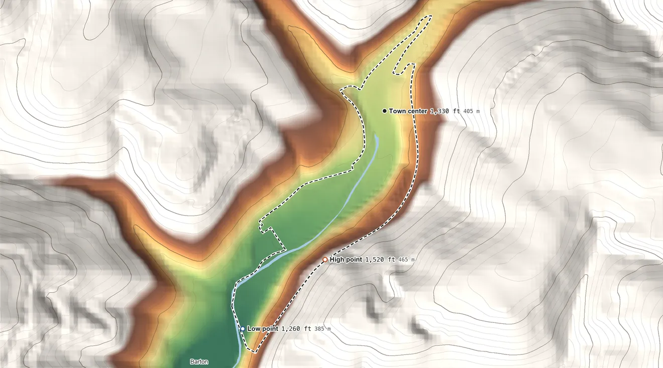 Topographic elevation map of Moscow, Maryland, shaded from 1,260 ft on the southwest side to 1,520 ft on the south edge, below higher ground just outside