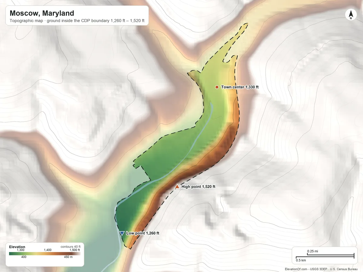 Topographic elevation map of Moscow, Maryland, shaded from 1,260 ft on the southwest side to 1,520 ft on the south edge, below higher ground just outside
