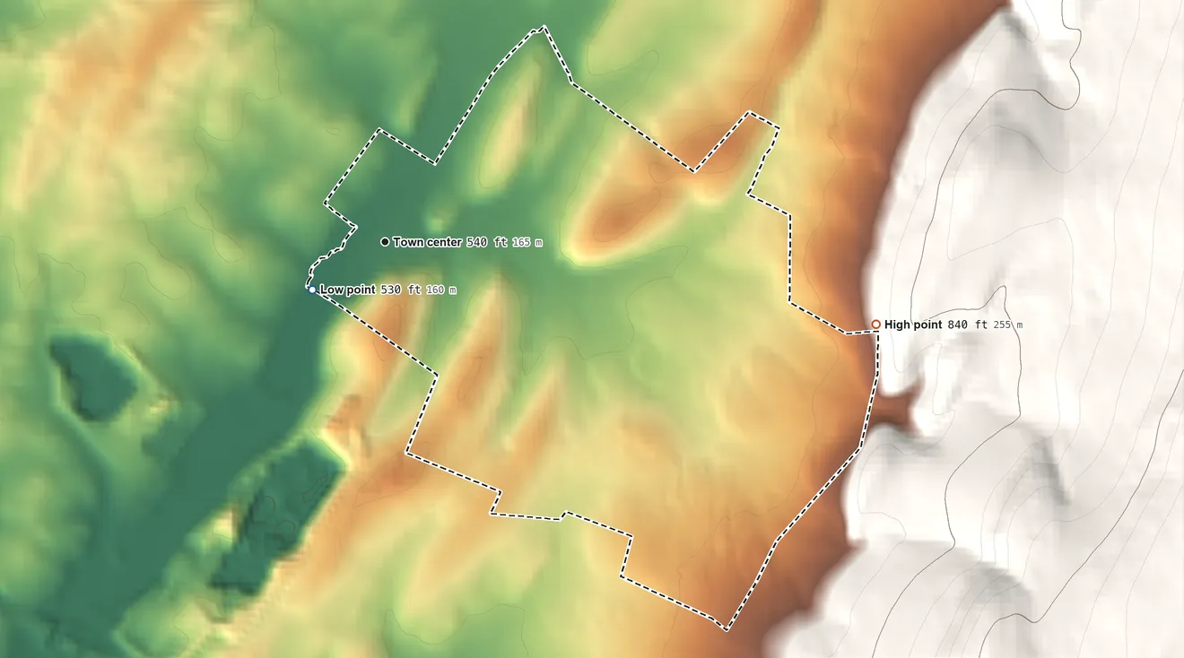 Topographic elevation map of Mount Aetna, Maryland, shaded from 530 ft on the southwest side to 840 ft on the east edge, below higher ground just outside