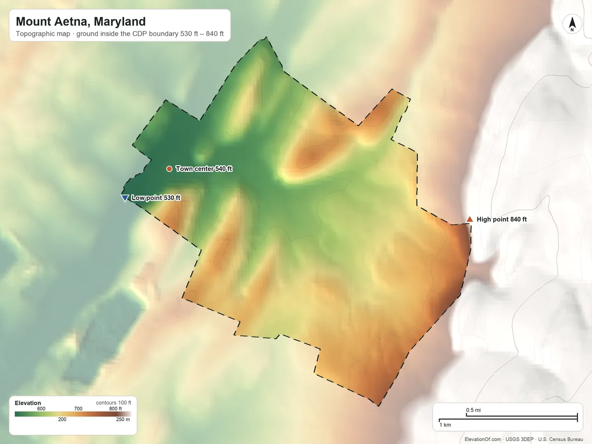 Topographic elevation map of Mount Aetna, Maryland, shaded from 530 ft on the southwest side to 840 ft on the east edge, below higher ground just outside