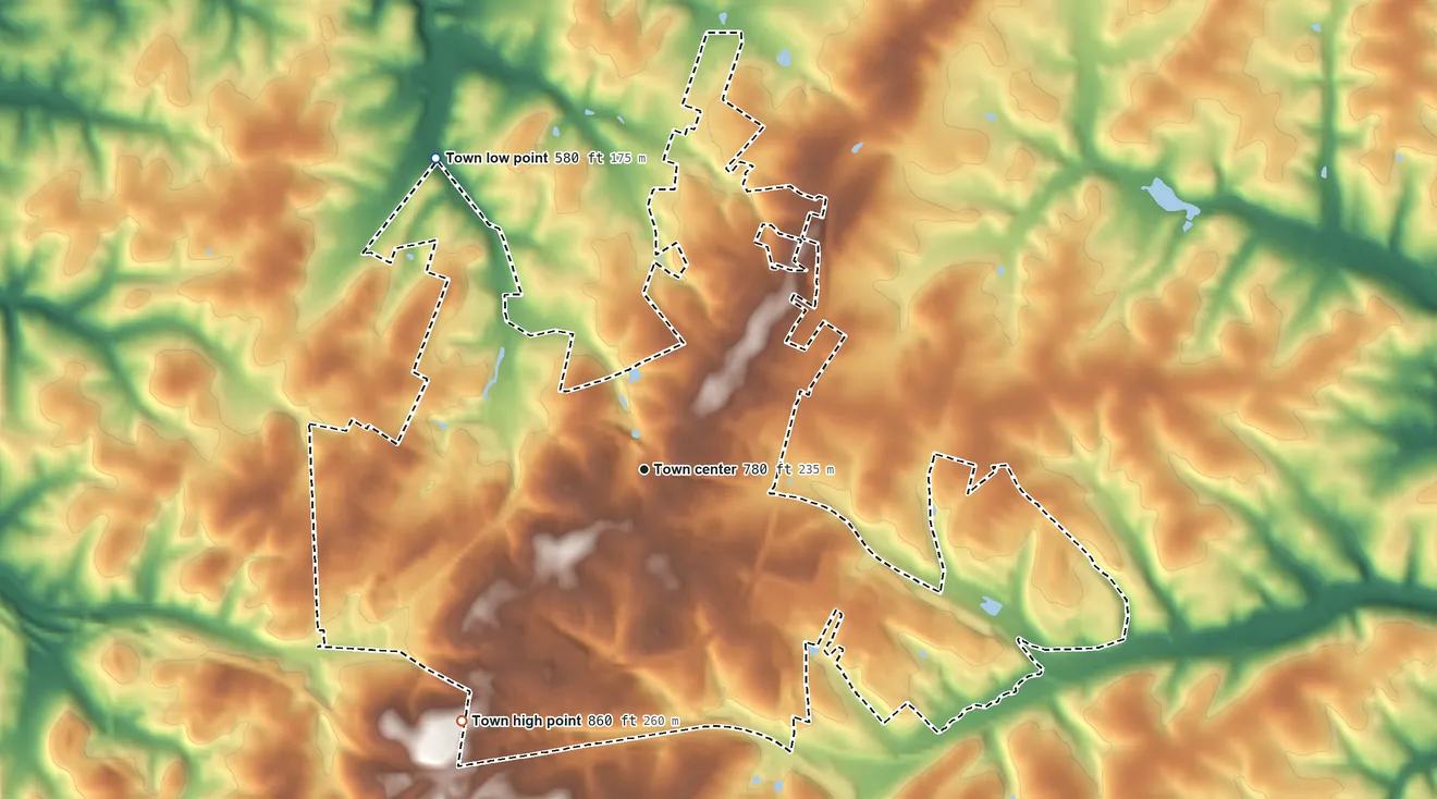 Topographic elevation map of Mount Airy, Maryland, shaded from 580 ft on the northwest side to 860 ft on the southwest side