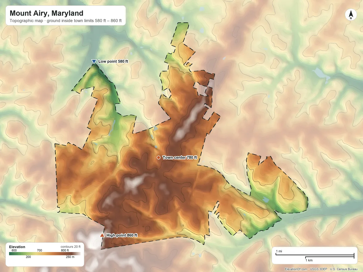 Topographic elevation map of Mount Airy, Maryland, shaded from 580 ft on the northwest side to 860 ft on the southwest side