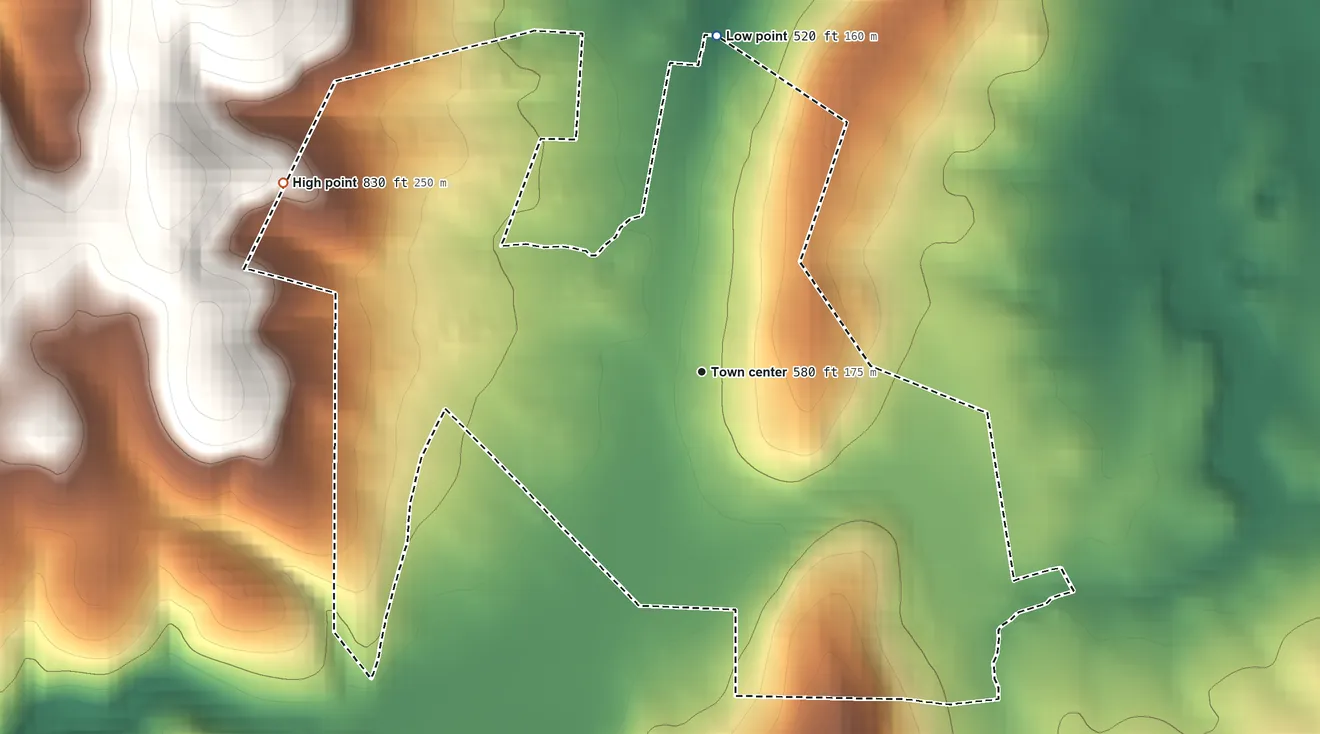 Topographic elevation map of Mount Briar, Maryland, shaded from 520 ft on the north side to 830 ft on the northwest side
