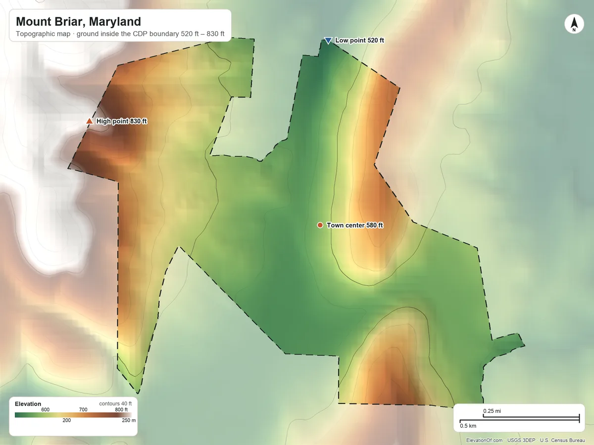 Topographic elevation map of Mount Briar, Maryland, shaded from 520 ft on the north side to 830 ft on the northwest side