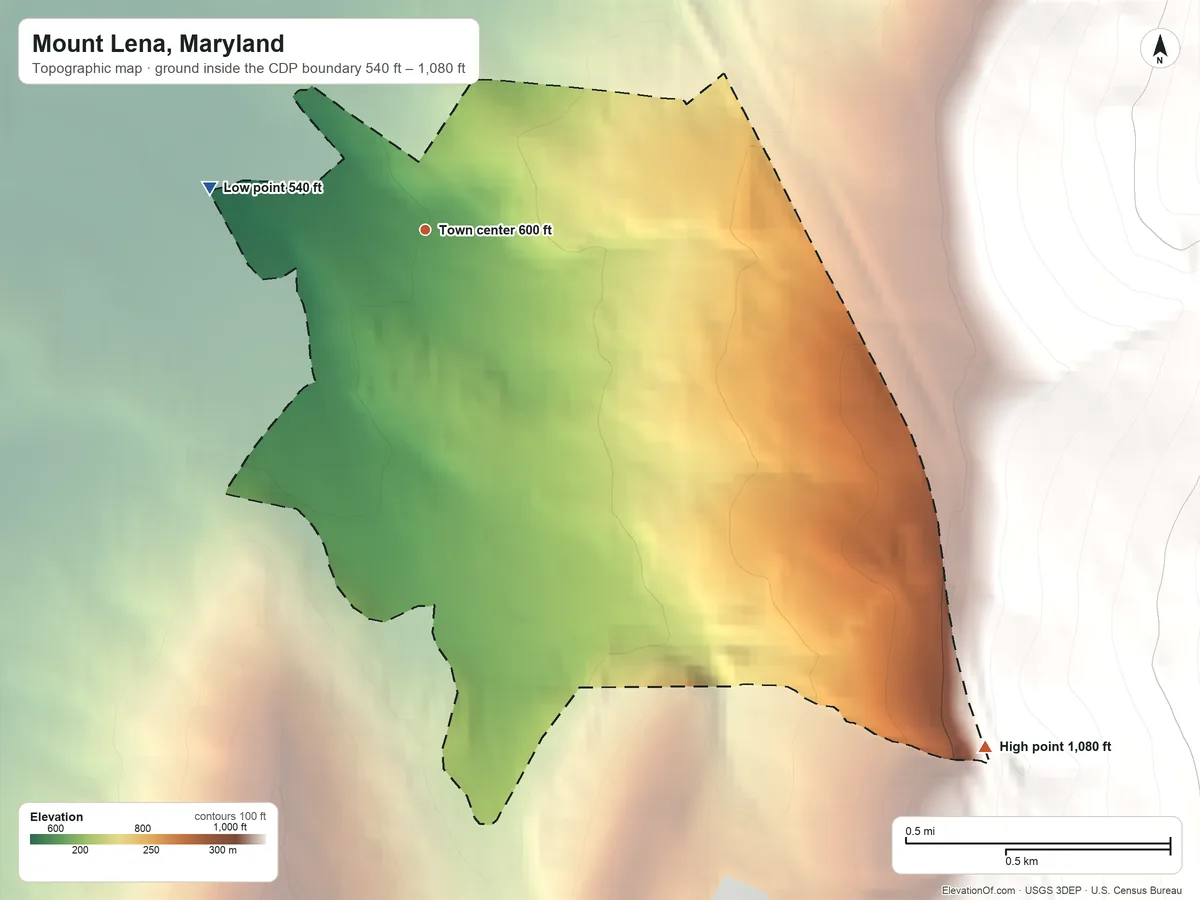 Topographic elevation map of Mount Lena, Maryland, shaded from 540 ft on the west side to 1,080 ft on the southeast edge, below higher ground just outside