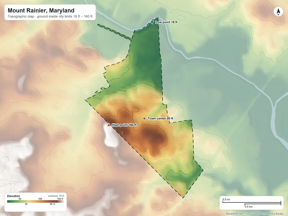 Topographic elevation map of Mount Rainier, Maryland, shaded from 18 ft on the north side to 160 ft on the west side