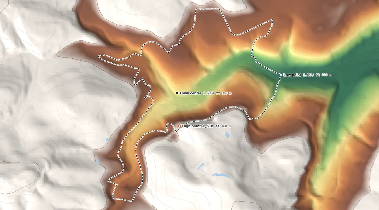 Topographic elevation map of Mount Savage, Maryland, shaded from 1,090 ft on the east side to 1,510 ft on the south edge, below higher ground just outside