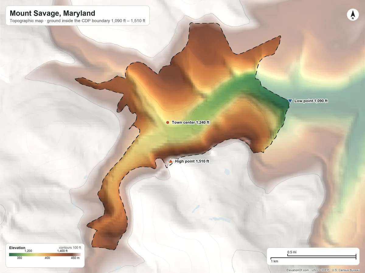 Topographic elevation map of Mount Savage, Maryland, shaded from 1,090 ft on the east side to 1,510 ft on the south edge, below higher ground just outside