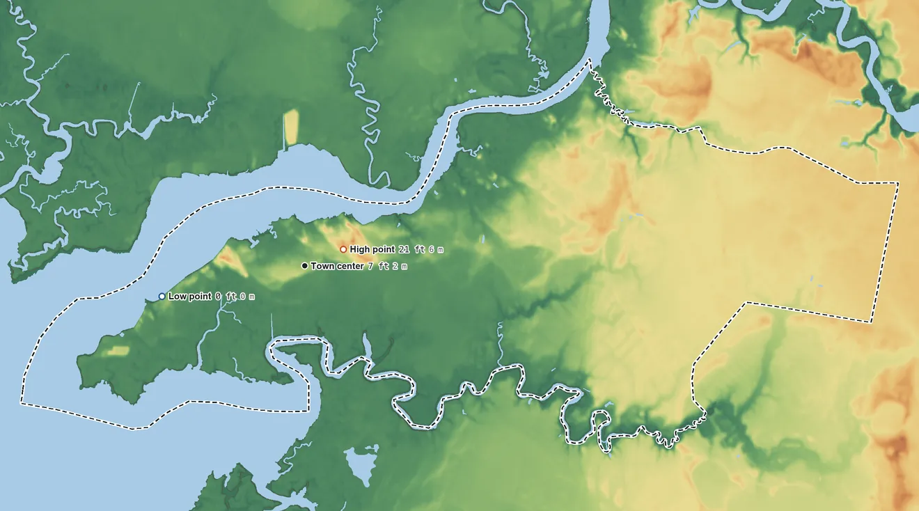 Topographic elevation map of Mount Vernon, Maryland, shaded from sea level level on Monie Bay to 21 ft near the middle