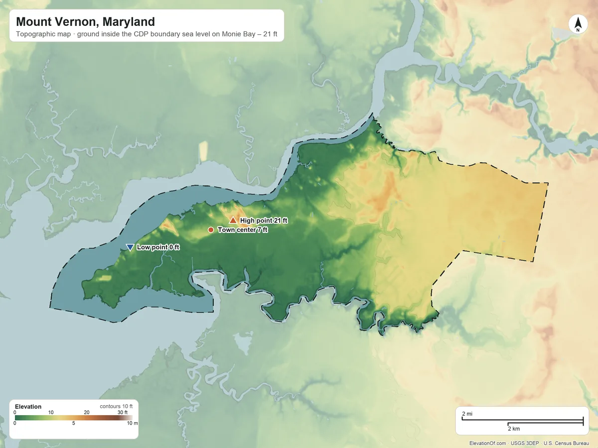 Topographic elevation map of Mount Vernon, Maryland, shaded from sea level level on Monie Bay to 21 ft near the middle