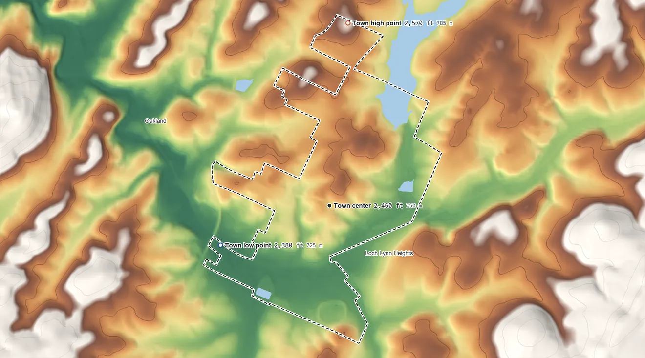 Topographic elevation map of Mountain Lake Park, Maryland, shaded from 2,380 ft on the west side to 2,570 ft on the north side