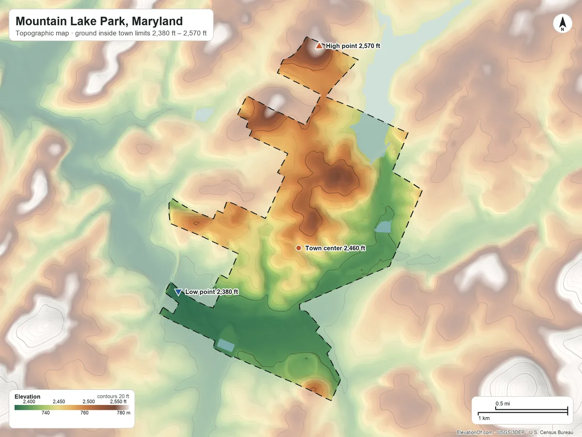 Topographic elevation map of Mountain Lake Park, Maryland, shaded from 2,380 ft on the west side to 2,570 ft on the north side
