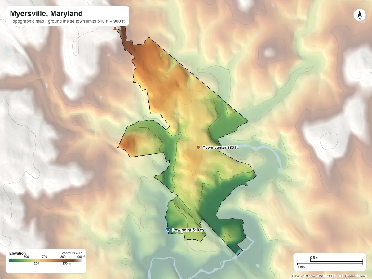 Topographic elevation map of Myersville, Maryland, shaded from 510 ft on the south side to 900 ft on the northwest edge, below higher ground just outside