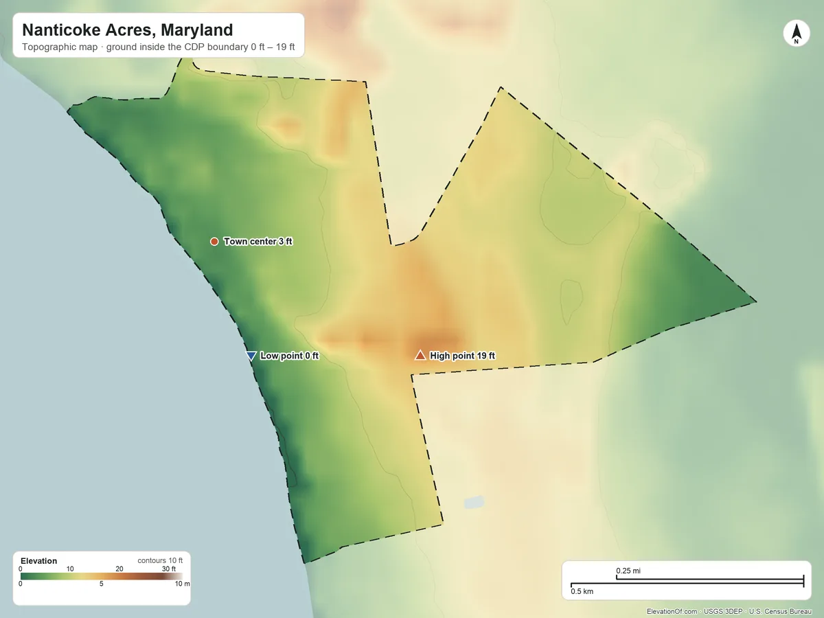 Topographic elevation map of Nanticoke Acres, Maryland, shaded from 0 ft on the south side to 19 ft on the southeast side