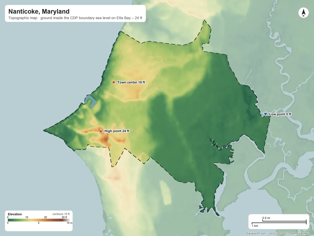 Topographic elevation map of Nanticoke, Maryland, shaded from sea level level on Ellis Bay to 24 ft on the south side