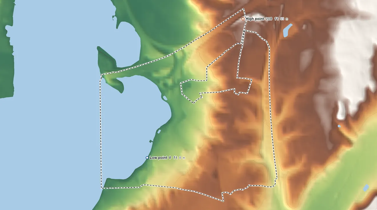 Topographic elevation map of National Harbor, Maryland, shaded from 0 ft on the west side to 210 ft on the north side