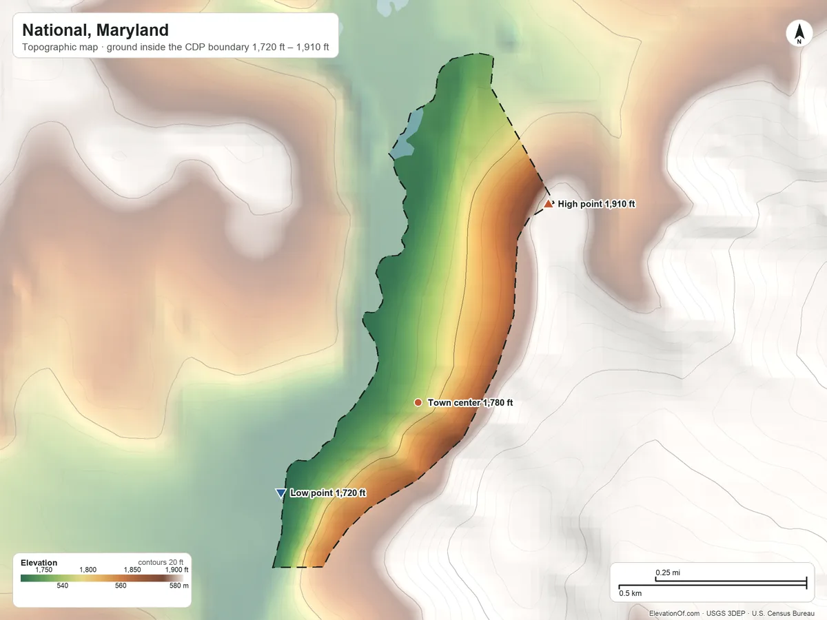 Topographic elevation map of National, Maryland, shaded from 1,720 ft on the southwest side to 1,910 ft on the northeast edge, below higher ground just outside