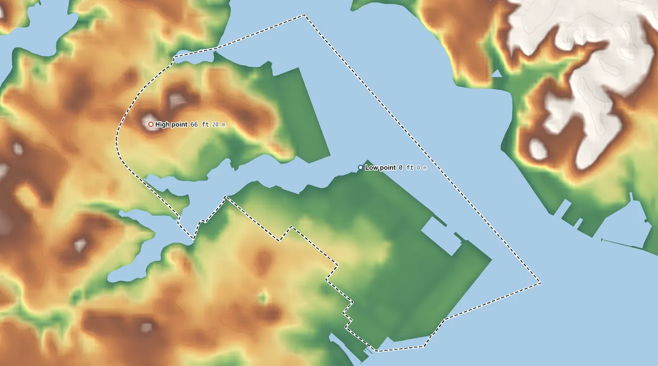 Topographic elevation map of Naval Academy, Maryland, shaded from 0 ft on the east side to 66 ft on the west side